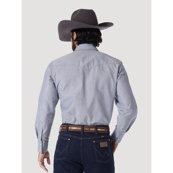 Wrangler Western Work Shirt Sz 17x35 Cowboy Cut Pearl Snap Pockets Chambray Blue - Picture 13 of 13